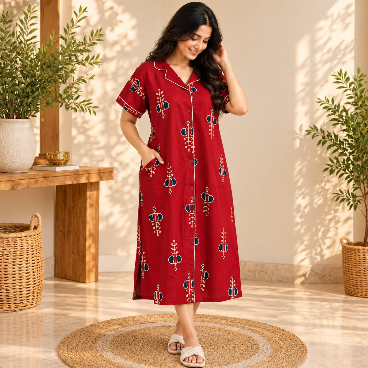 Maroon Printed Pure Cotton Full Open Long Polo Shirt Dress | Side Pocket | Free Size | Chest Width 44″| Length 44″