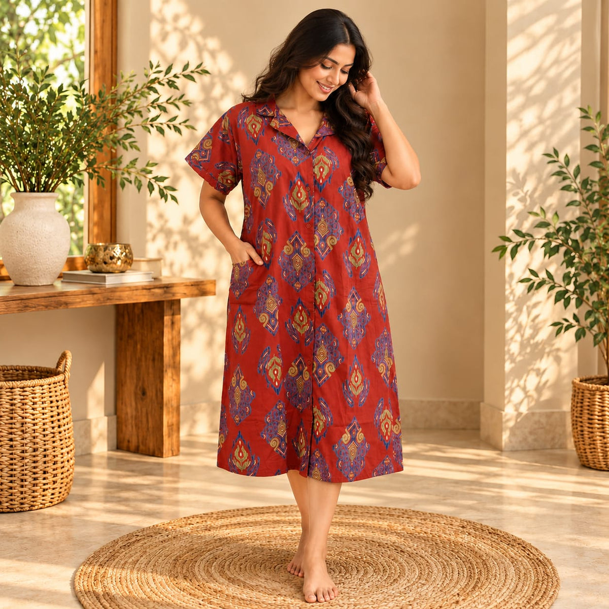 Blue Printed Maroon Pure Cotton Full Open Long Polo Shirt Dress | Side Pocket | Free Size | Chest Width 44″| Length 44″