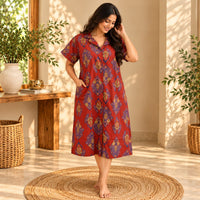 Blue Printed Maroon Pure Cotton Full Open Long Polo Shirt Dress | Side Pocket | Free Size | Chest Width 44″| Length 44″