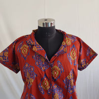 Blue Printed Maroon Pure Cotton Full Open Long Polo Shirt Dress | Side Pocket | Free Size | Chest Width 44″| Length 44″