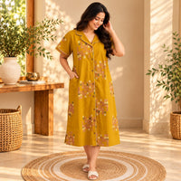 Mustard Yellow Printed Pure Cotton Full Open Long Polo Shirt Dress | Side Pocket | Free Size | Chest Width 44″| Length 44″