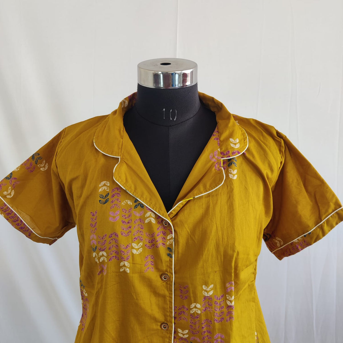 Mustard Yellow Printed Pure Cotton Full Open Long Polo Shirt Dress | Side Pocket | Free Size | Chest Width 44″| Length 44″