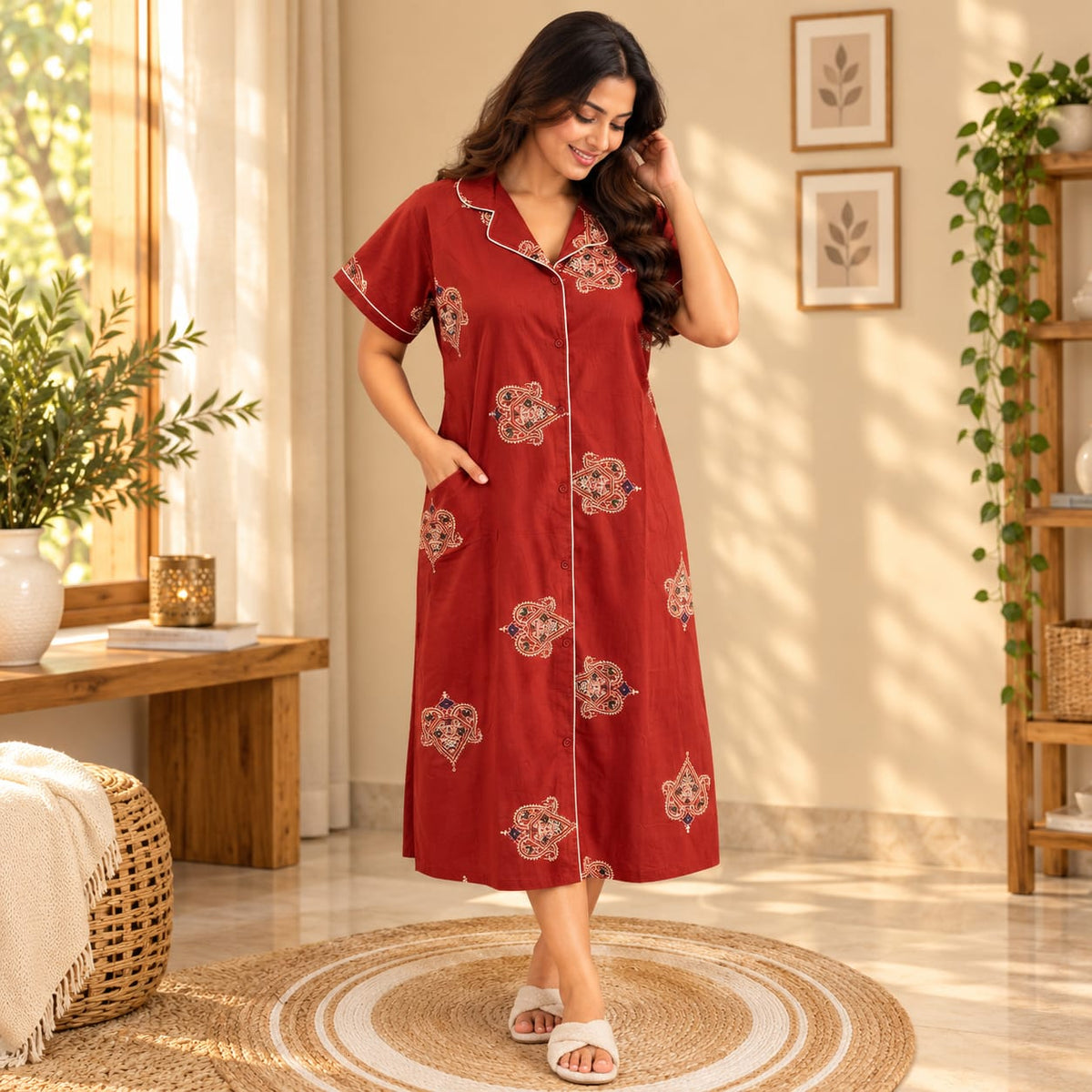 Rust Orange Printed Pure Cotton Full Open Long Polo Shirt Dress | Side Pocket | Free Size | Chest Width 44″| Length 44″