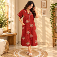 Rust Orange Printed Pure Cotton Full Open Long Polo Shirt Dress | Side Pocket | Free Size | Chest Width 44″| Length 44″