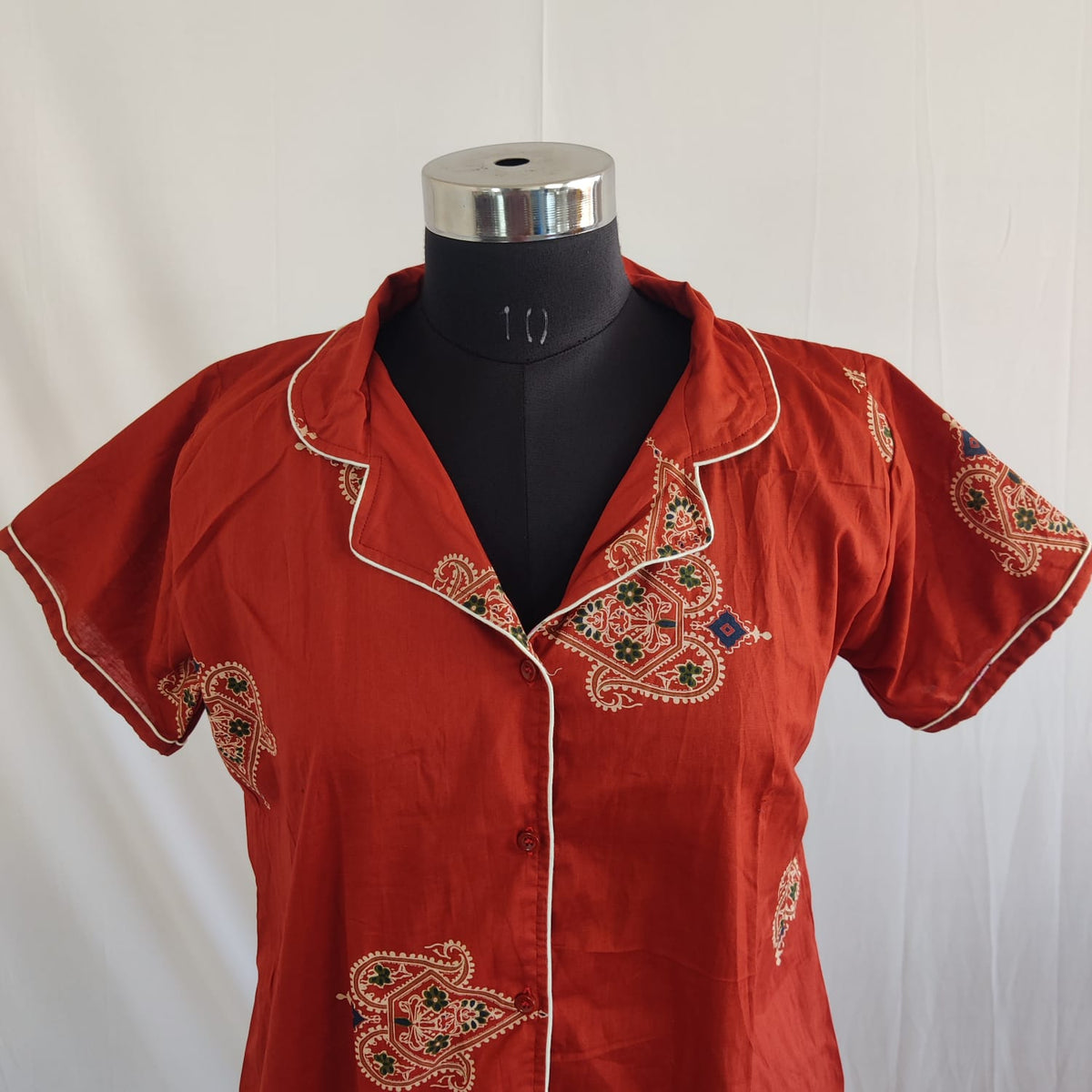 Rust Orange Printed Pure Cotton Full Open Long Polo Shirt Dress | Side Pocket | Free Size | Chest Width 44″| Length 44″