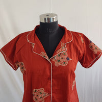 Rust Orange Printed Pure Cotton Full Open Long Polo Shirt Dress | Side Pocket | Free Size | Chest Width 44″| Length 44″