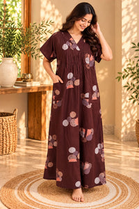 Coffee Brown Dot Printed V-Neck Alfine Churidar Cut Nighty | Free Size | Chest Width 44″| Length 56″
