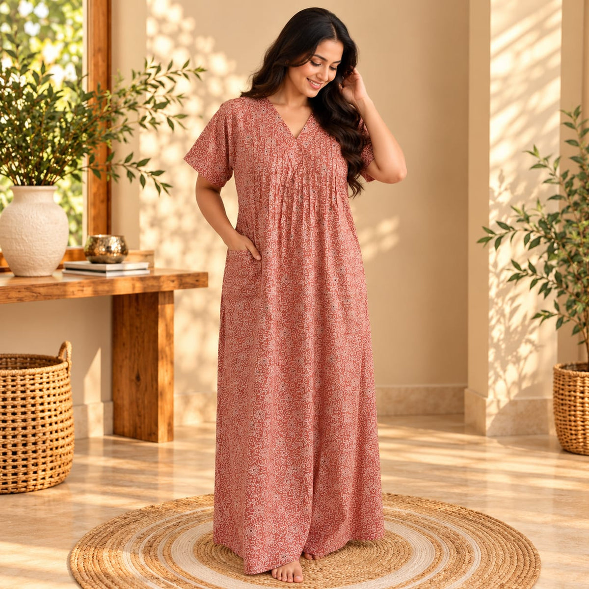Pastel Orange Floral Printed V-Neck Alfine Churidar Cut Nighty | Free Size | Chest Width 44″| Length 56″