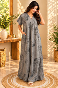 White Printed Green V-Neck Alfine Churidar Cut Nighty | Free Size | Chest Width 44″| Length 56″