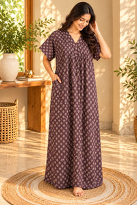 Dark Grey Floral Printed V-Neck Alfine Churidar Cut Nighty | Free Size | Chest Width 44″| Length 56″