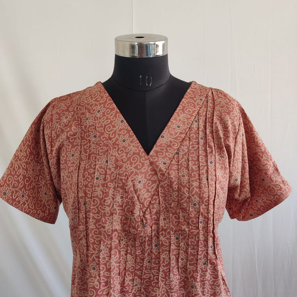 Pastel Orange Floral Printed V-Neck Alfine Churidar Cut Nighty | Free Size | Chest Width 44″| Length 56″