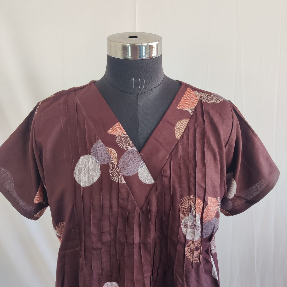 Coffee Brown Dot Printed V-Neck Alfine Churidar Cut Nighty | Free Size | Chest Width 44″| Length 56″
