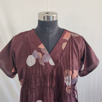 Coffee Brown Dot Printed V-Neck Alfine Churidar Cut Nighty | Free Size | Chest Width 44″| Length 56″