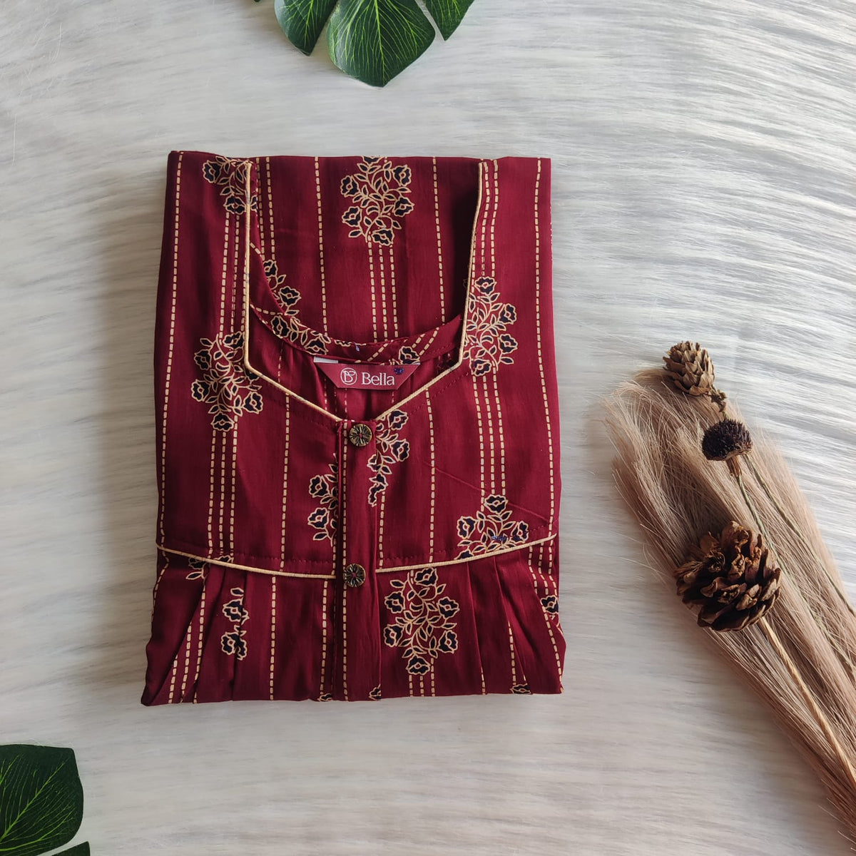 Black Floral Printed Maroon Gujari Cotton Button Zip Nighty | Free Size | Chest Width 44″| Length 55″-56″