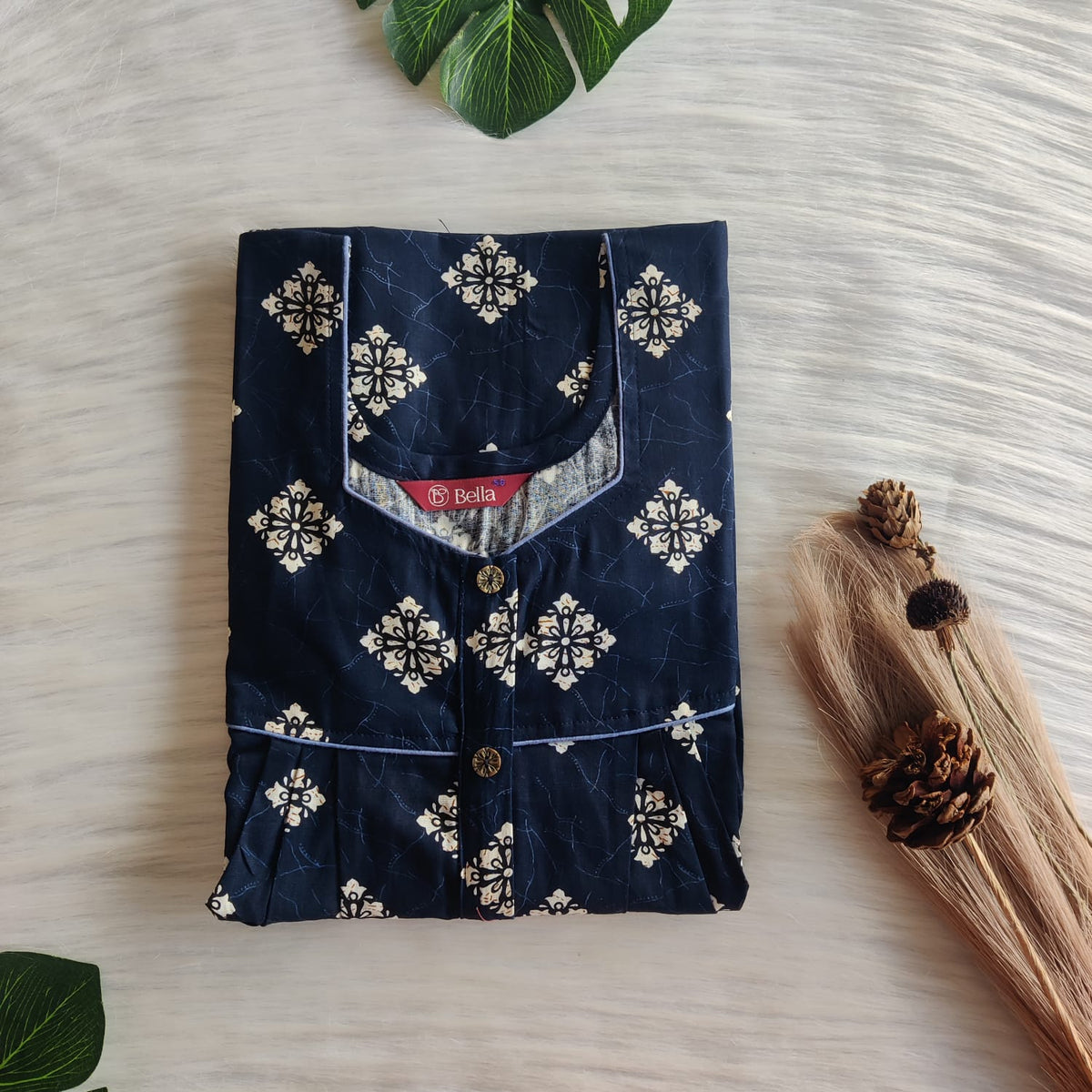 Cream Floral Printed Navy Blue Gujari Cotton Button Zip Nighty | Free Size | Chest Width 44″| Length 55″-56″
