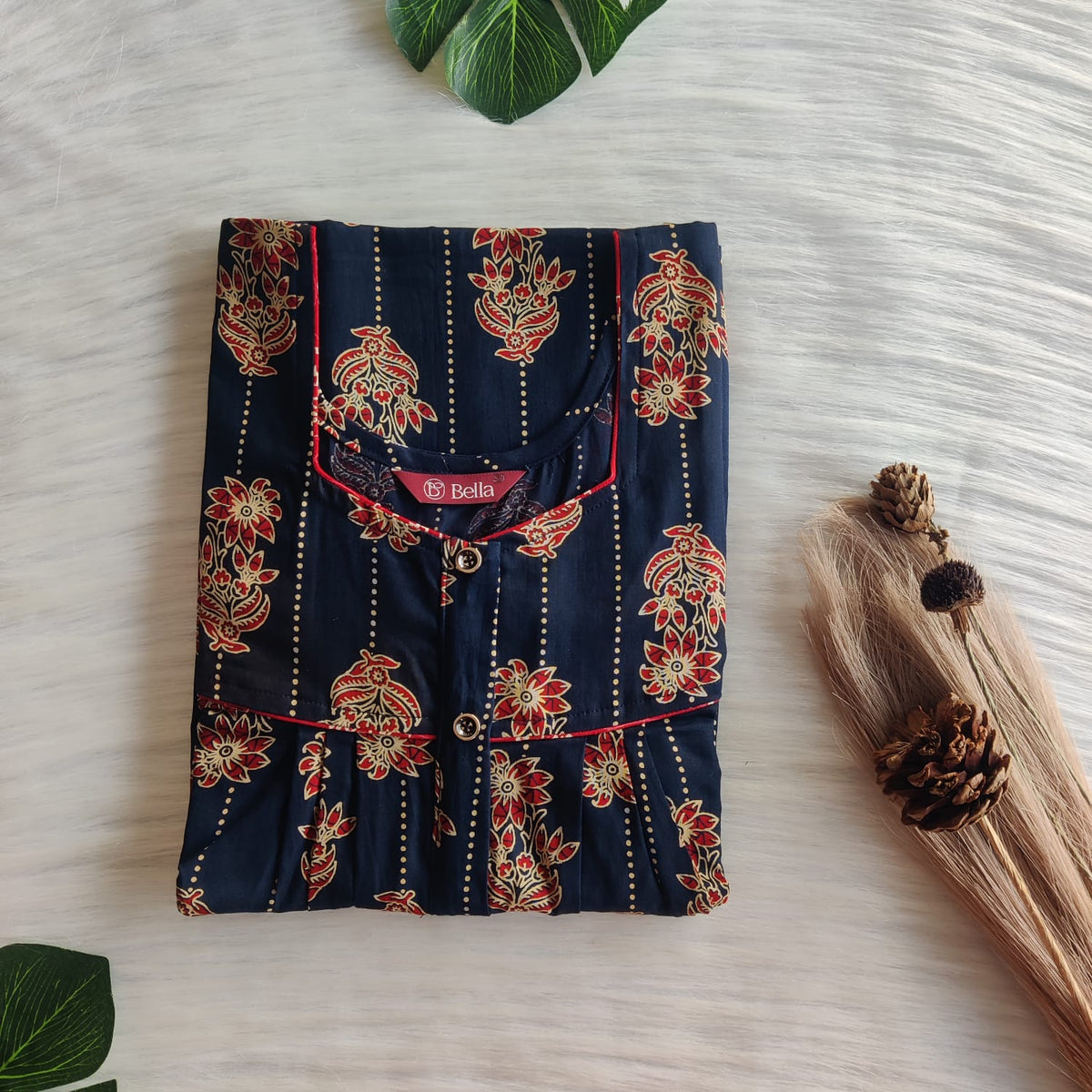 Red Floral Printed Navy Blue Gujari Cotton Button Zip Nighty | Free Size | Chest Width 44″| Length 55″-56″