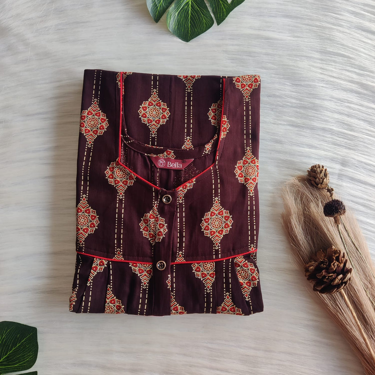 Red Printed Coffee Brown Gujari Cotton Button Zip Nighty | Free Size | Chest Width 44″| Length 55″-56″