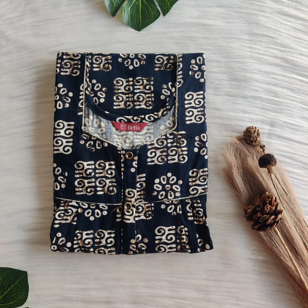 Cream Printed Navy Blue Gujari Cotton Button Zip Nighty | Free Size | Chest Width 44″| Length 55″-56″