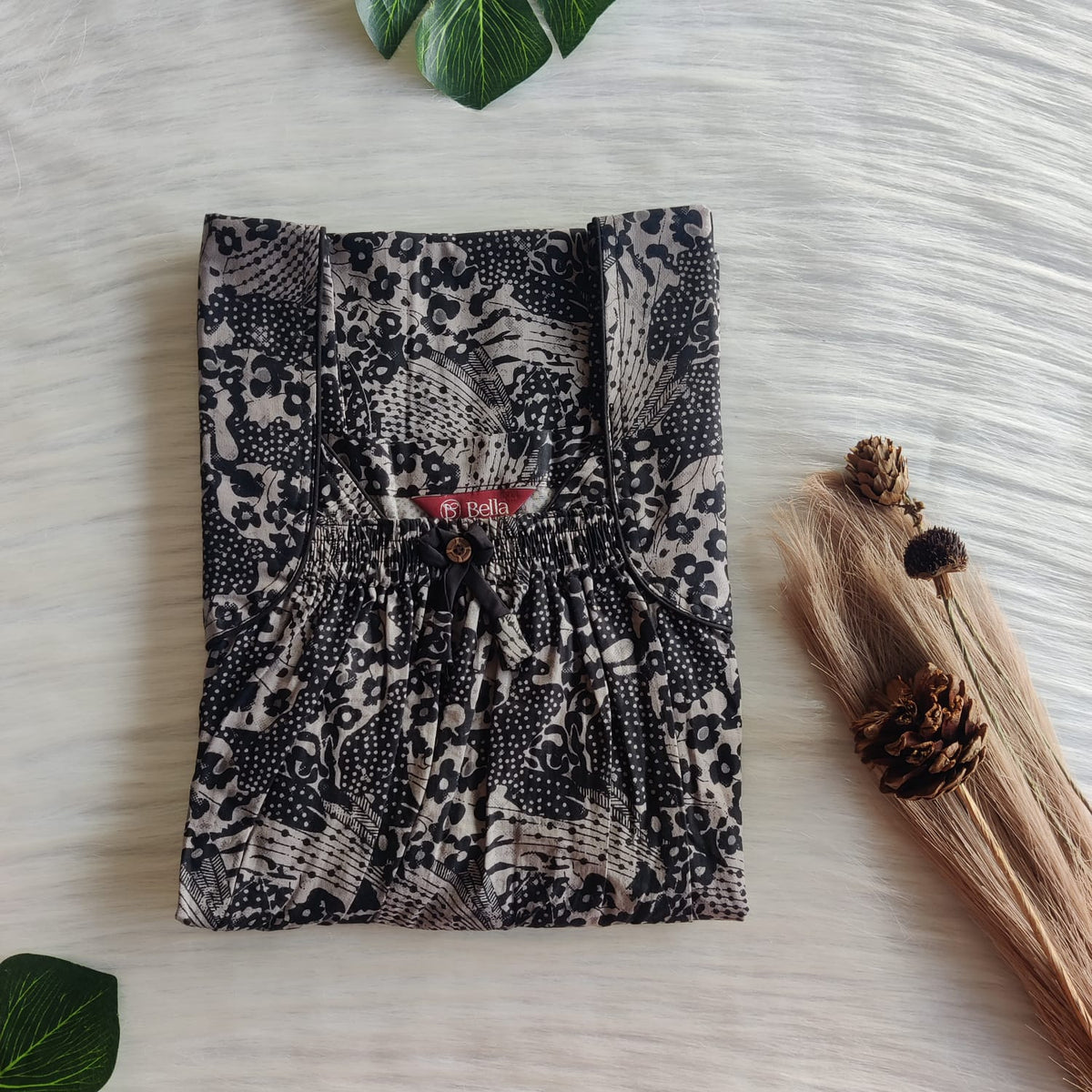 Grey Printed Premium Cotton Front Elastic Pleated Nighty | Free Size | Chest Width 44″| Length 56″