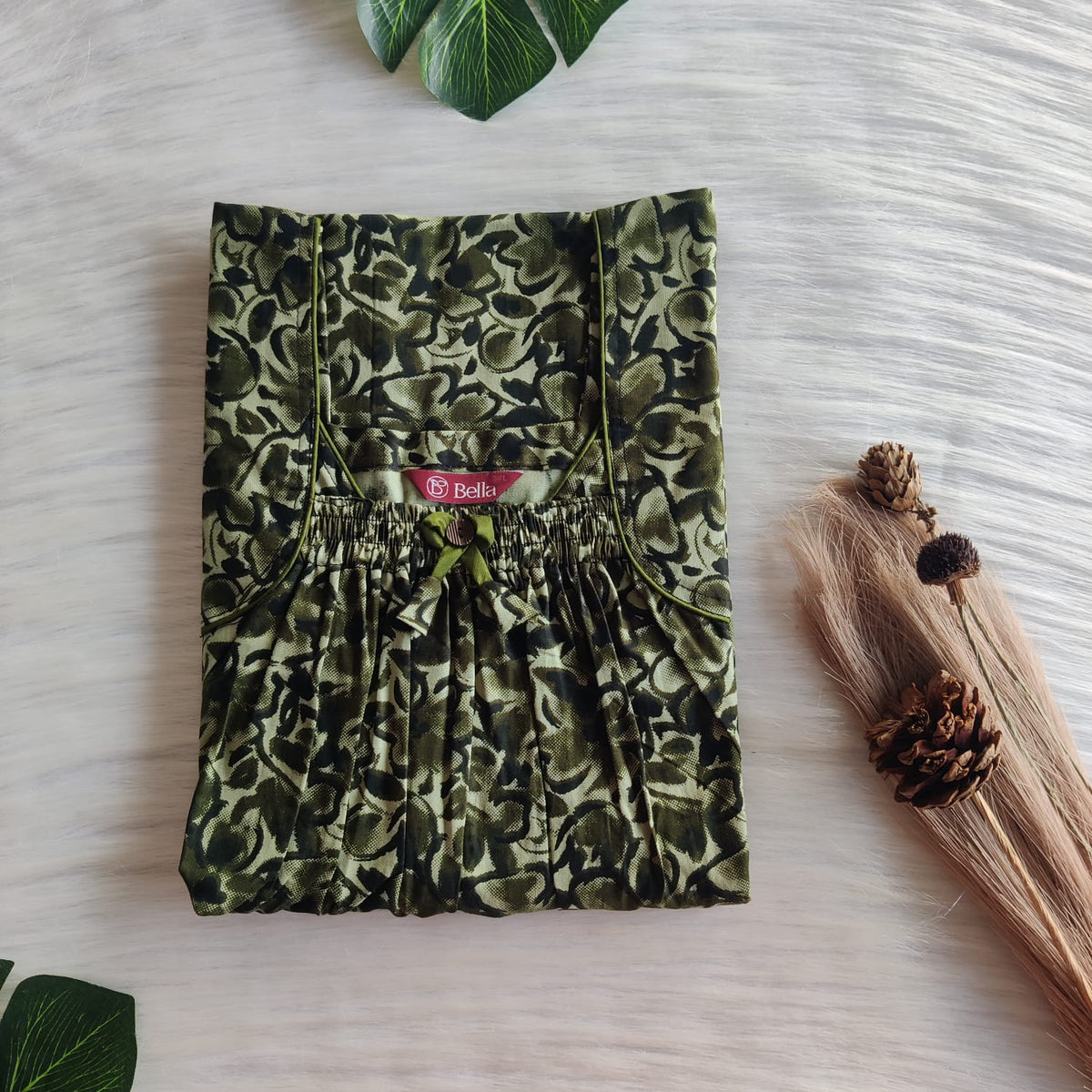 Green Floral Printed Premium Cotton Front Elastic Pleated Nighty | Free Size | Chest Width 44″| Length 56″