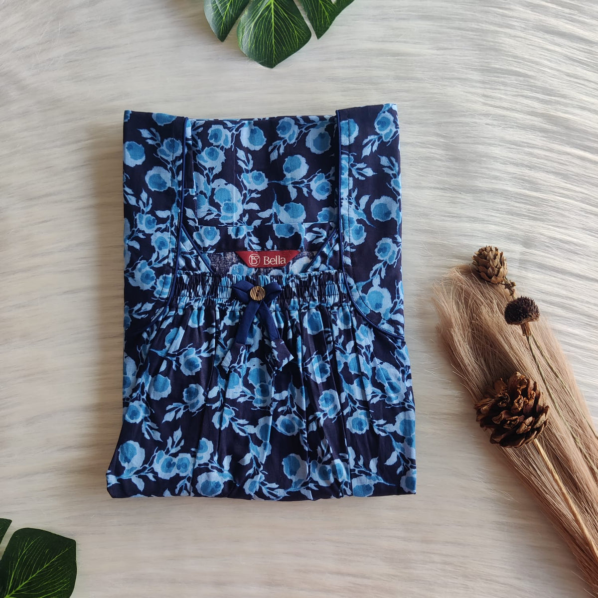 Blue Floral Printed Premium Cotton Front Elastic Pleated Nighty | Free Size | Chest Width 44″| Length 56″
