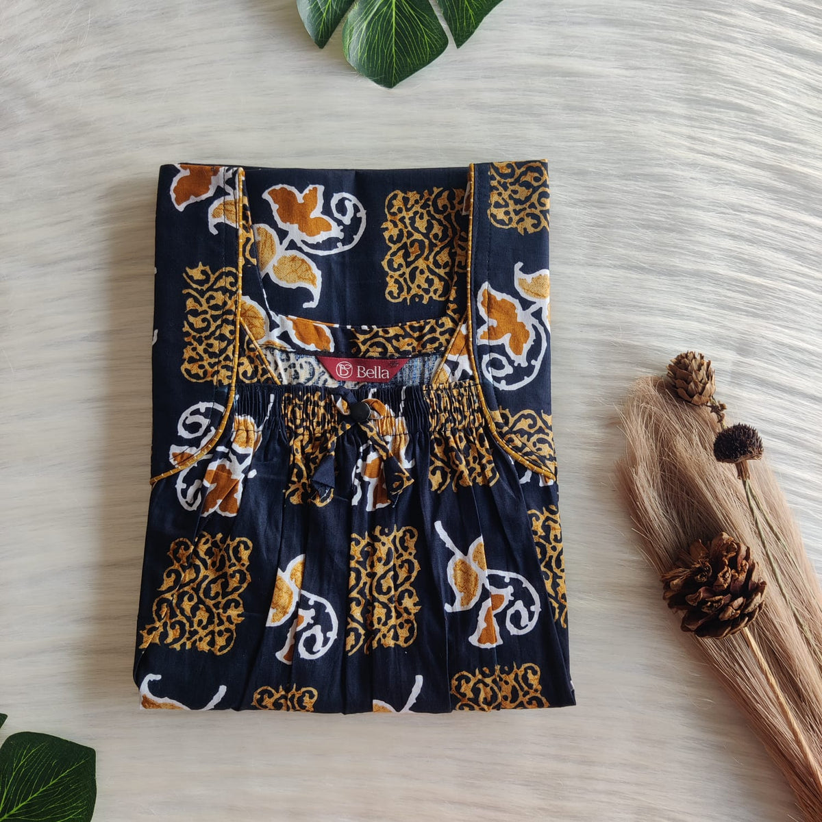 Yellow Floral Printed Navy Blue Premium Cotton Front Elastic Pleated Nighty | Free Size | Chest Width 44″| Length 56″