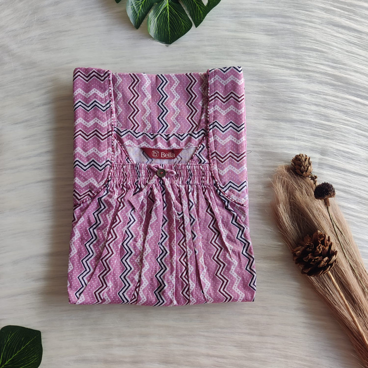 Mauve ZigZag Printed Premium Cotton Front Elastic Pleated Nighty | Free Size | Chest Width 44″| Length 56″