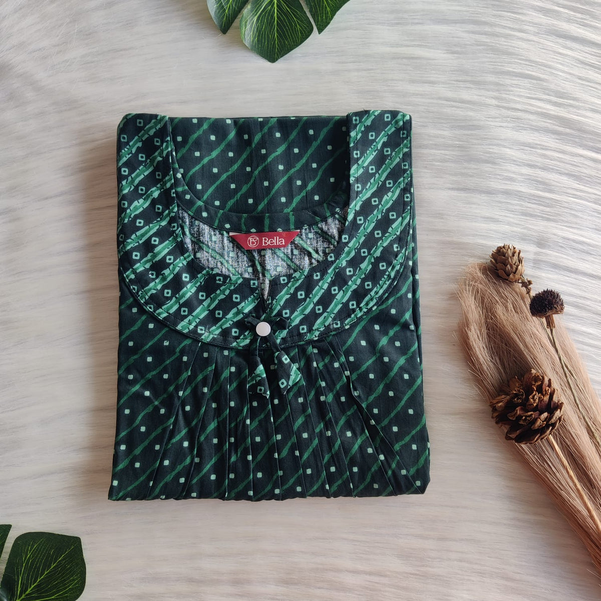 Pale And Dark Green Dot Printed Premium Cotton No Zip Pleated Nighty | Free Size | Chest Width 44″| Length 55″-56″