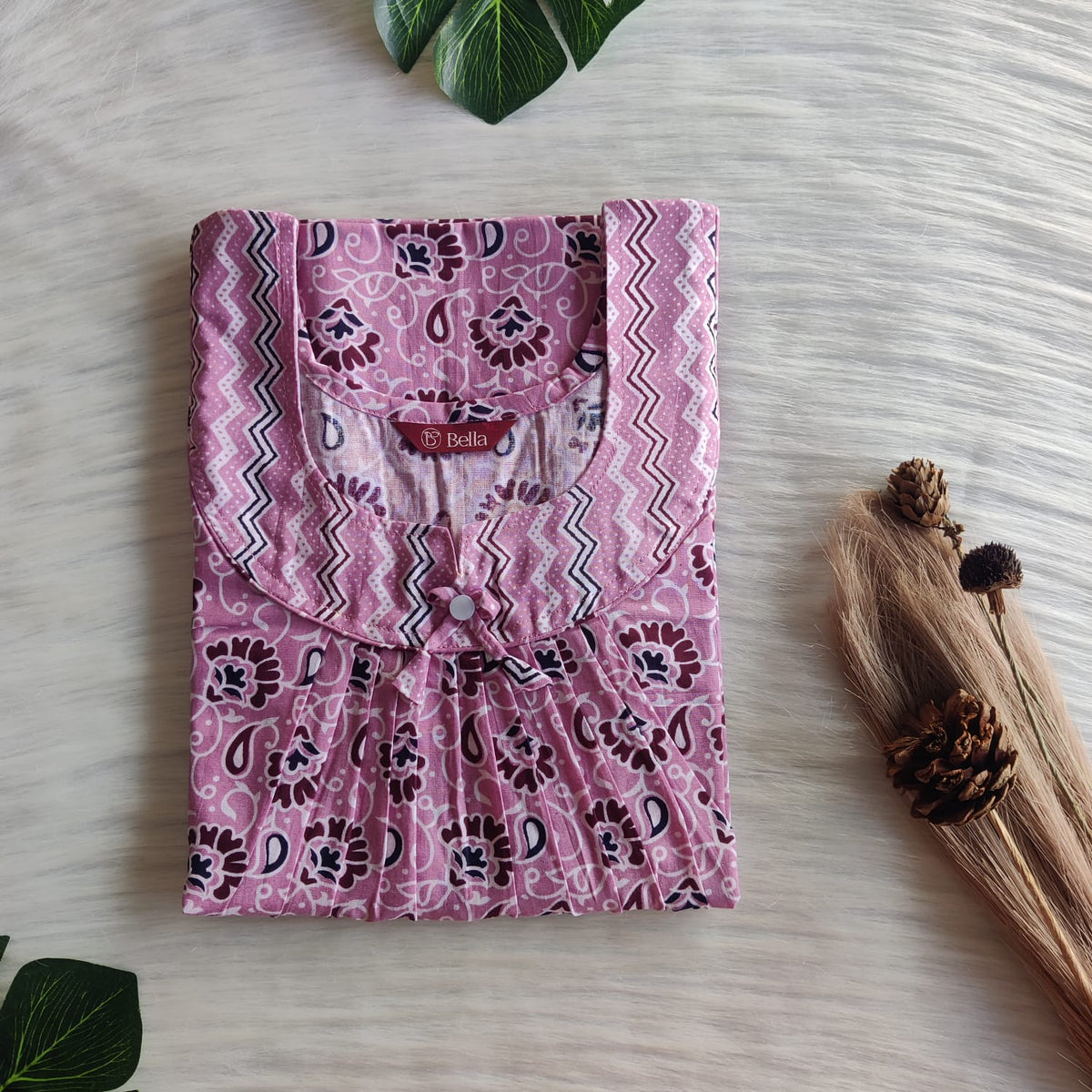 Mauve And Wine Floral Printed Premium Cotton No Zip Pleated Nighty | Free Size | Chest Width 44″| Length 55″-56″