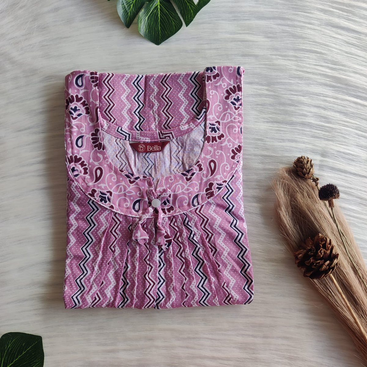 Wine And Mauve Zig Zag Printed Premium Cotton No Zip Pleated Nighty | Free Size | Chest Width 44″| Length 55″-56″