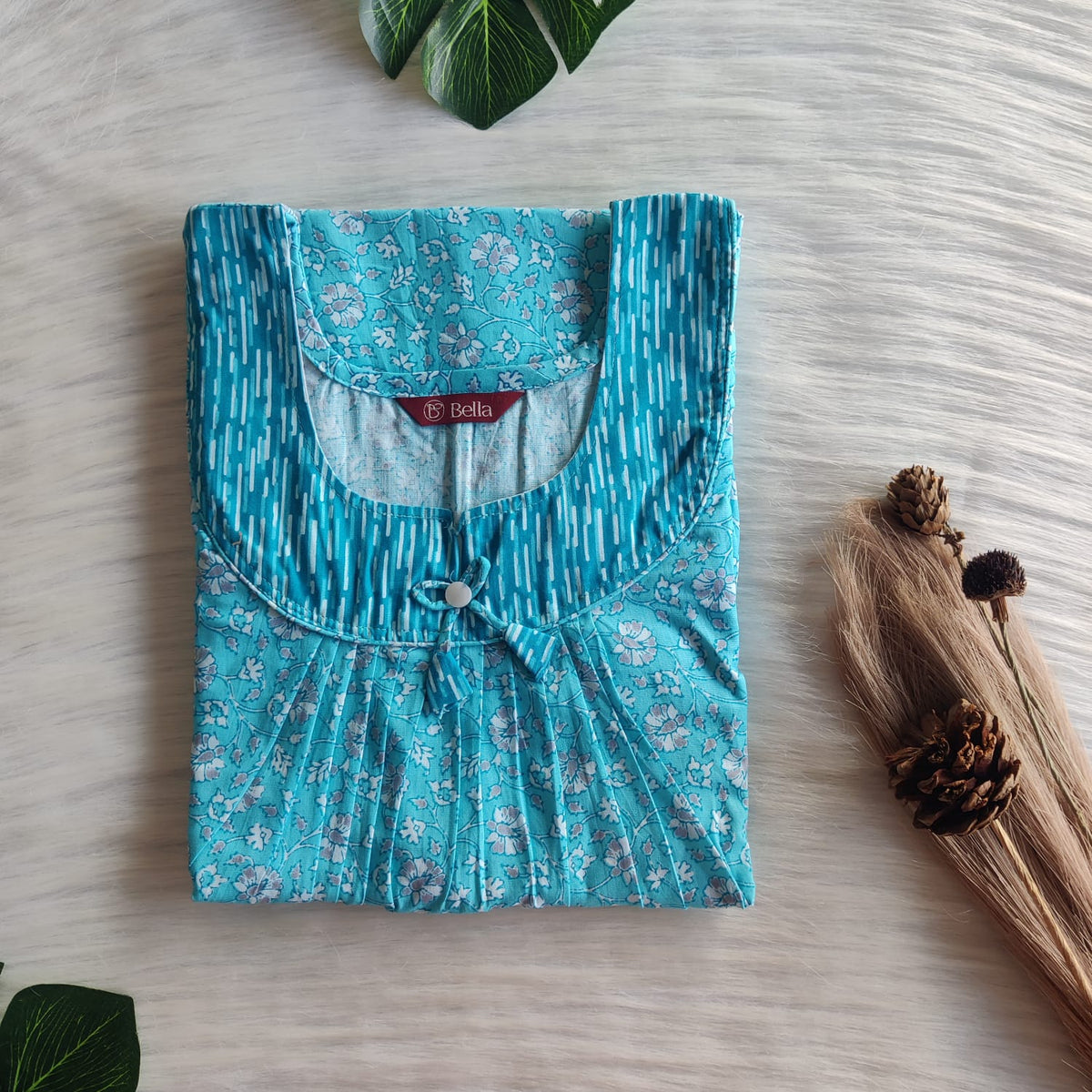 Dark And Pale Blue Printed Premium Cotton No Zip Pleated Nighty | Free Size | Chest Width 44″| Length 55″-56″