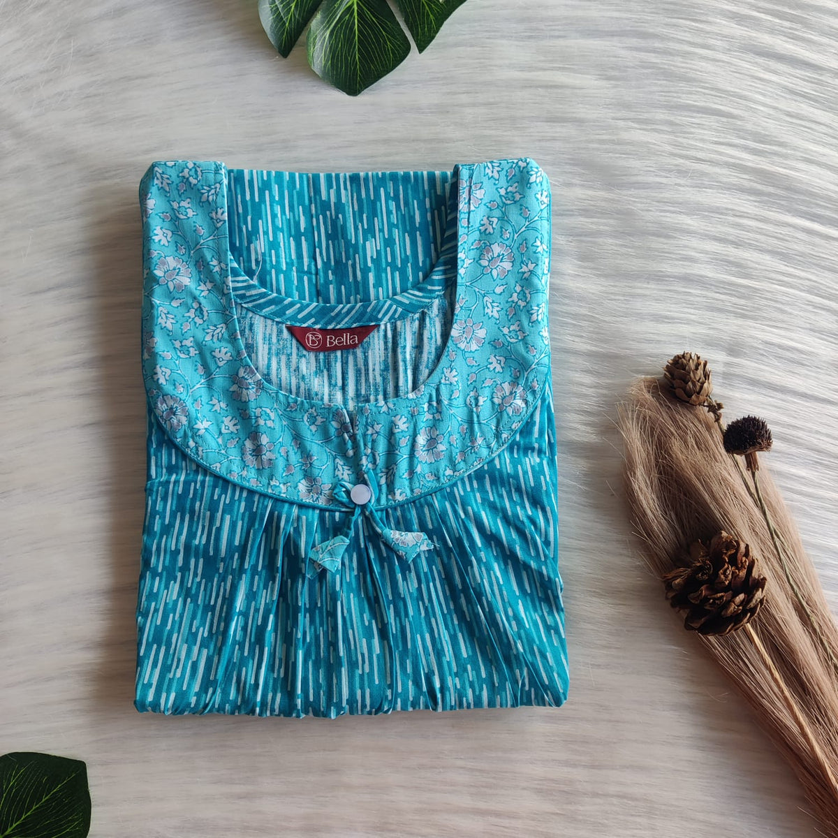 Pale And Dark Blue Printed Premium Cotton No Zip Pleated Nighty | Free Size | Chest Width 44″| Length 55″-56″
