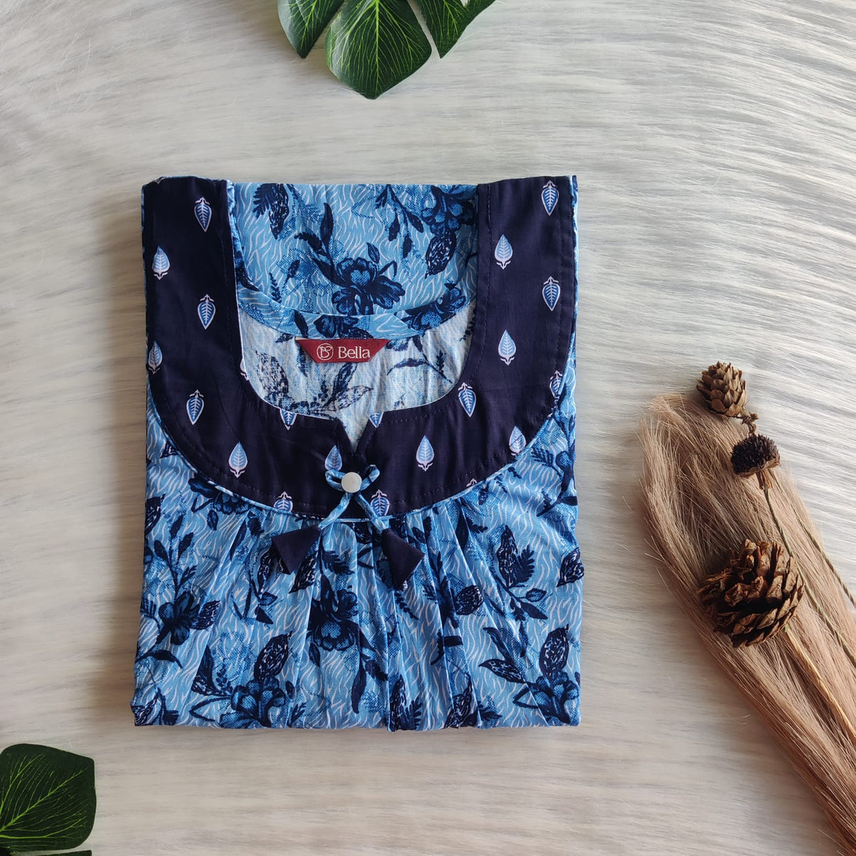 Dark And Pale Blue Floral Printed Premium Cotton No Zip Pleated Nighty | Free Size | Chest Width 44″| Length 55″-56″