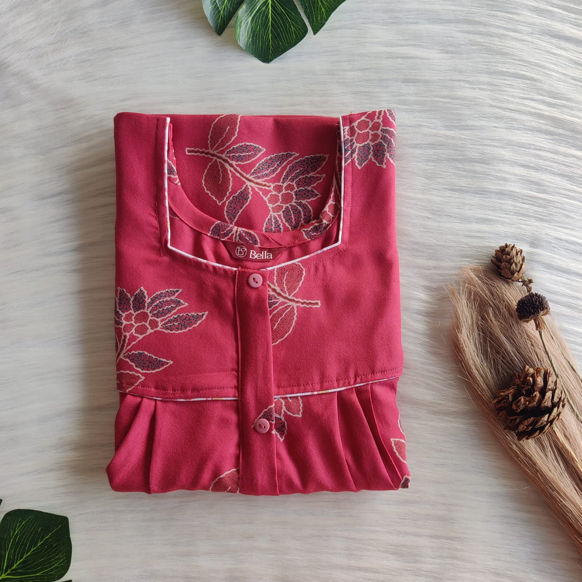 Beetroot Pink Printed Alpine Plus Size Button Zip Nighty | Chest Width 50″| Length 54″-56″