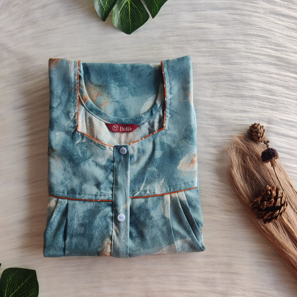 Pastel Blue Printed Alpine Plus Size Button Zip Nighty | Chest Width 50″| Length 54″-56″