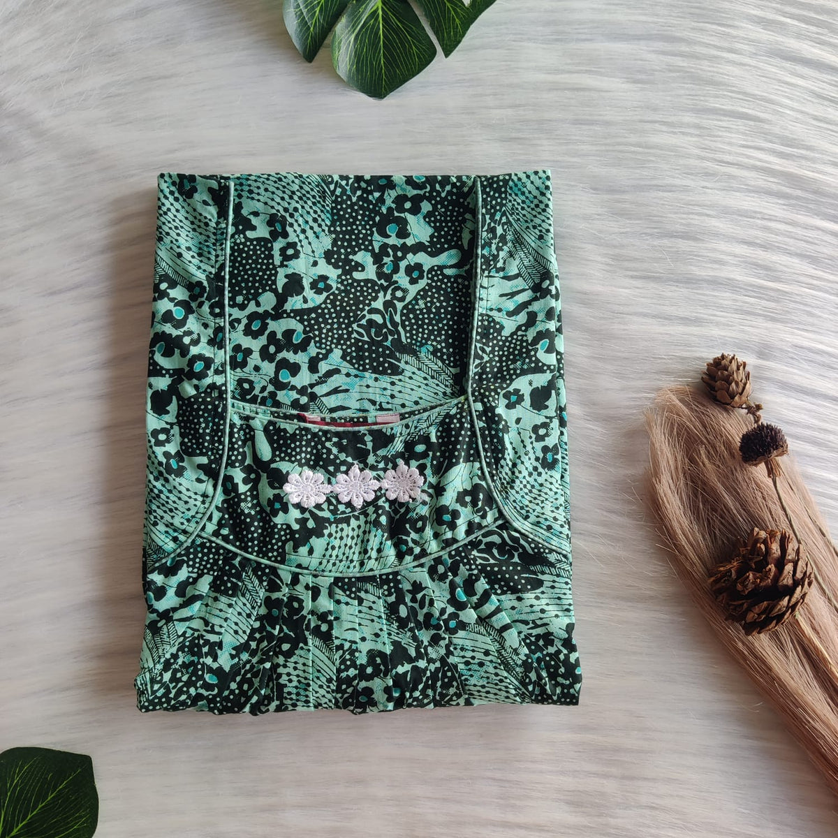 Green Printed Premium Cotton Three Flower Nighty |Free Size | Chest Width 44"| Length 54"-55"