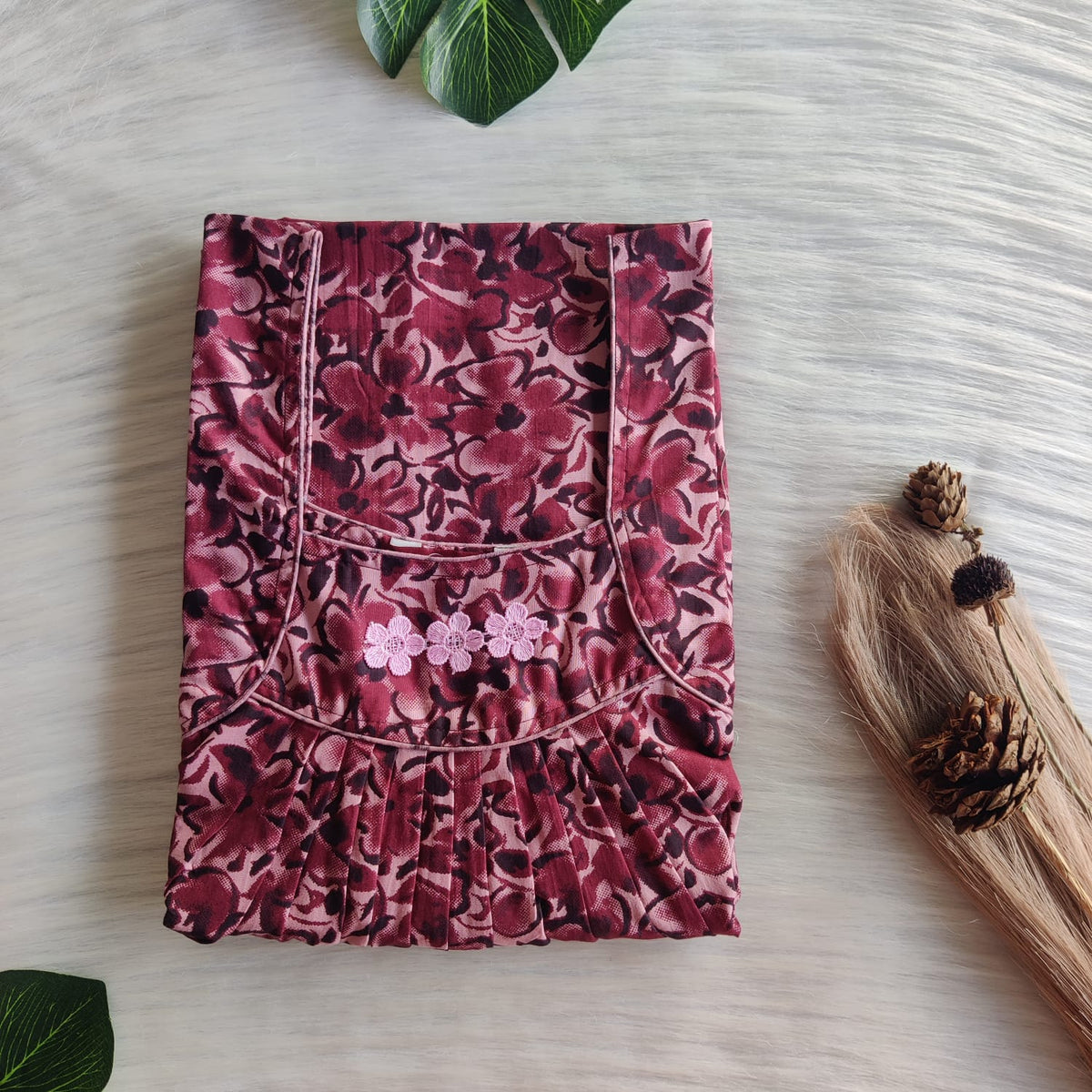 Maroon Floral Printed Premium Cotton Three Flower Nighty |Free Size | Chest Width 44"| Length 54"-55"