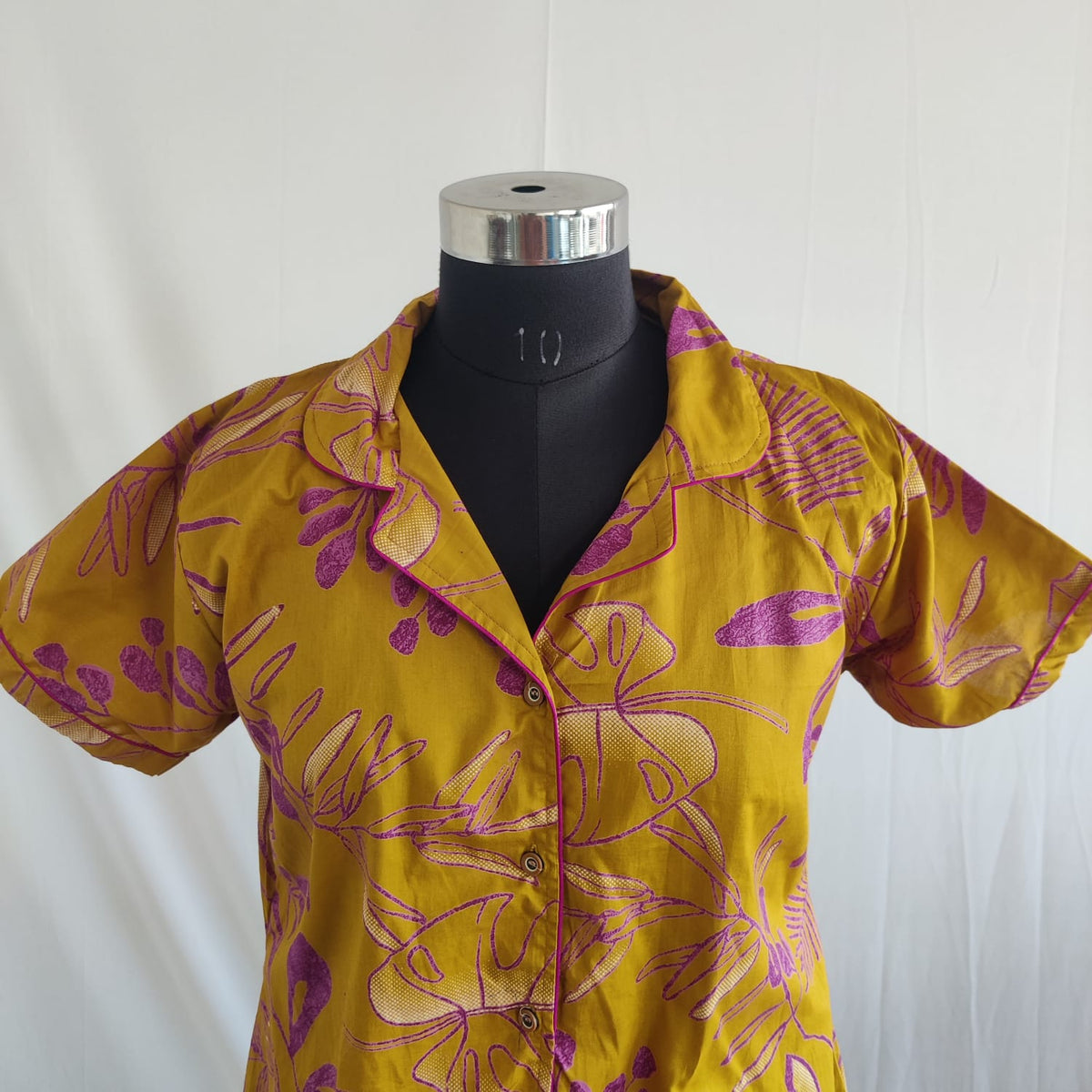 Pink Floral Printed Mustard Yellow Pure Cotton Full Open Long Polo Shirt Dress | Side Pocket | Free Size | Chest Width 44″| Length 44″