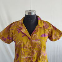 Pink Floral Printed Mustard Yellow Pure Cotton Full Open Long Polo Shirt Dress | Side Pocket | Free Size | Chest Width 44″| Length 44″