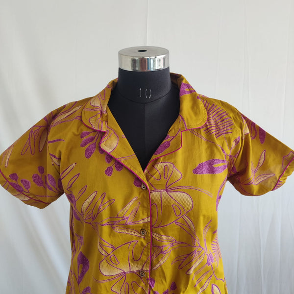 Pink Floral Printed Mustard Yellow Pure Cotton Full Open Long Polo Shirt Dress | Side Pocket | Free Size | Chest Width 44″| Length 44″
