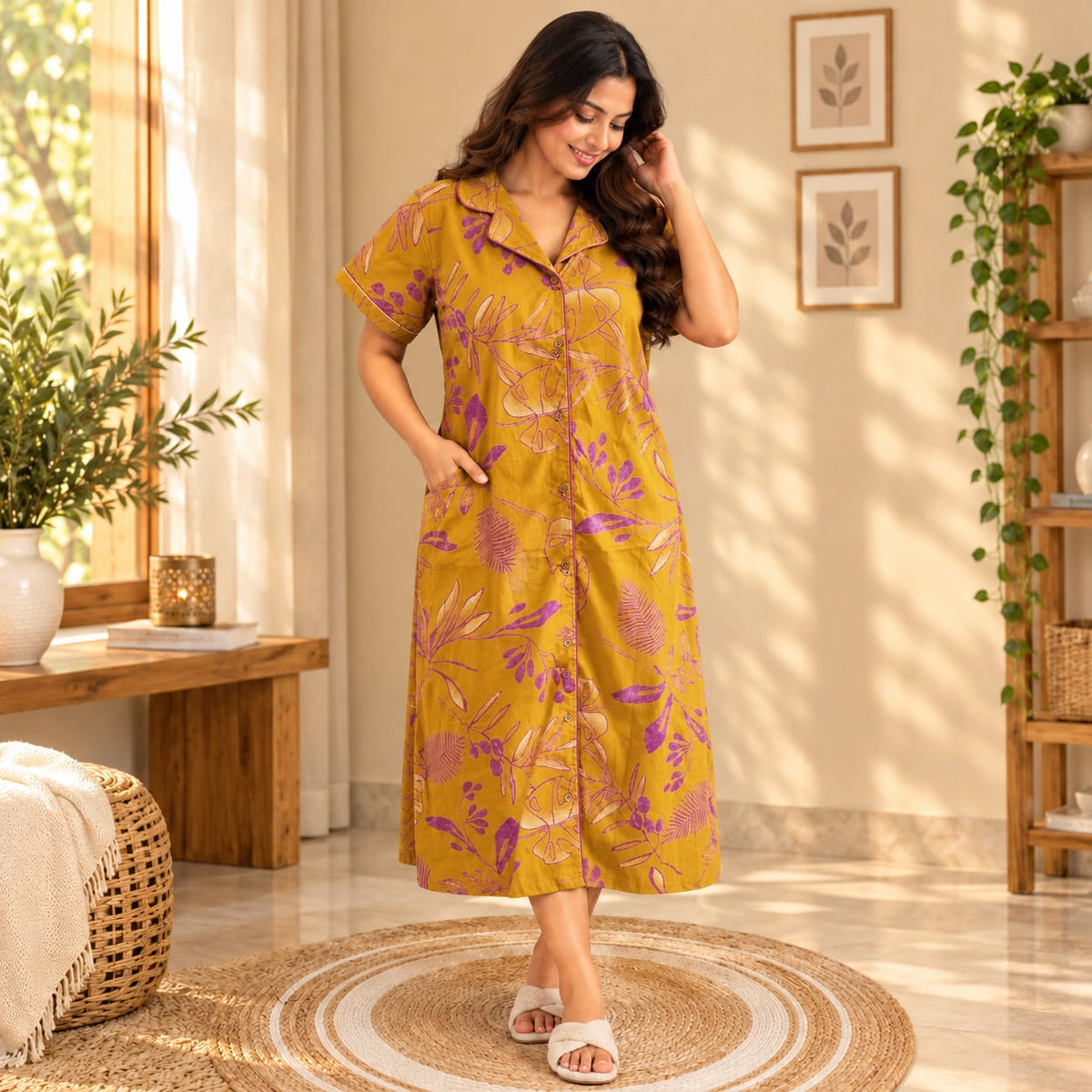 Pink Floral Printed Mustard Yellow Pure Cotton Full Open Long Polo Shirt Dress | Side Pocket | Free Size | Chest Width 44″| Length 44″