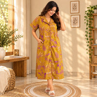 Pink Floral Printed Mustard Yellow Pure Cotton Full Open Long Polo Shirt Dress | Side Pocket | Free Size | Chest Width 44″| Length 44″