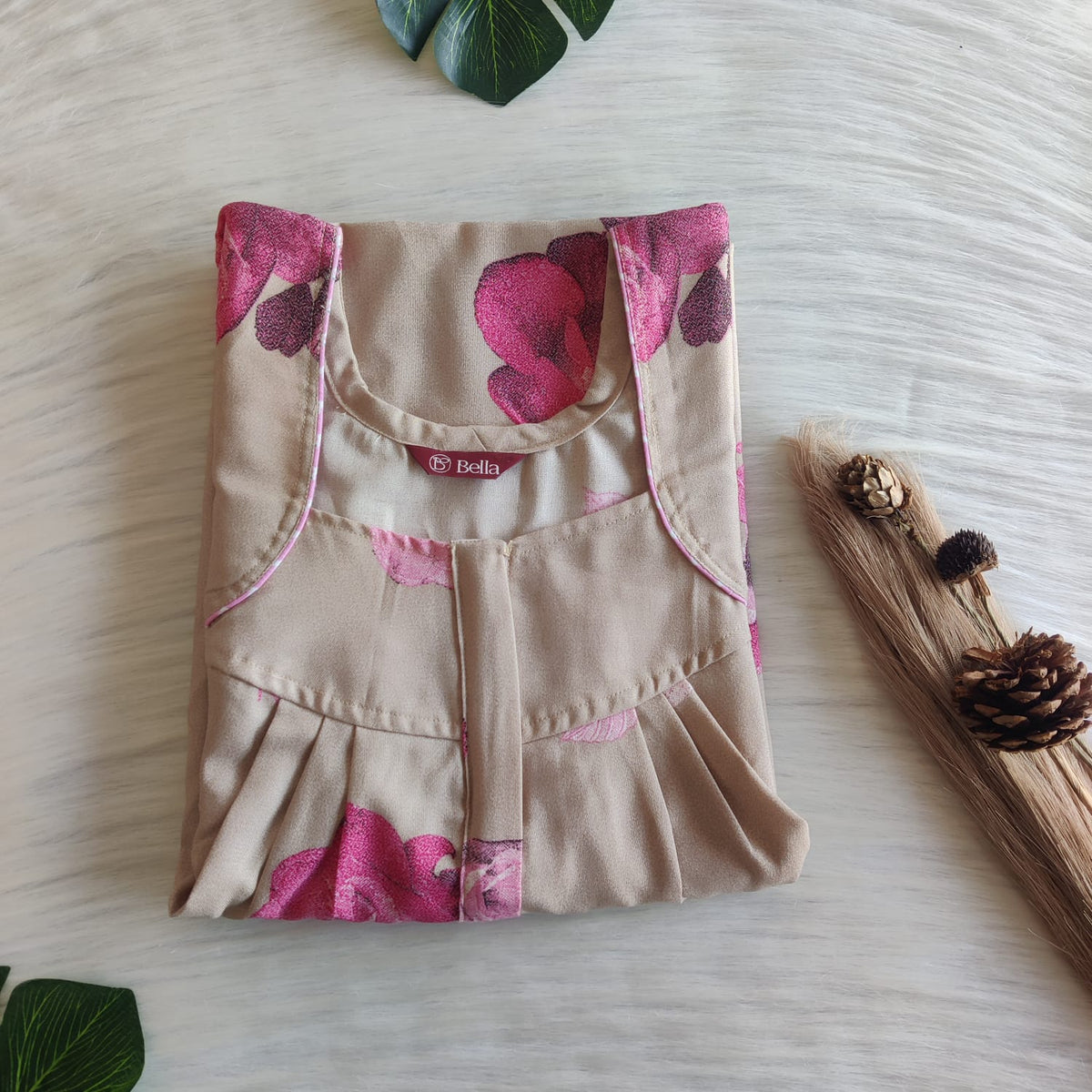 Pink Floral Printed Beige Alfine Pleated Zip Nighty | Free Size | Chest Width 44″| Length 54″-55″