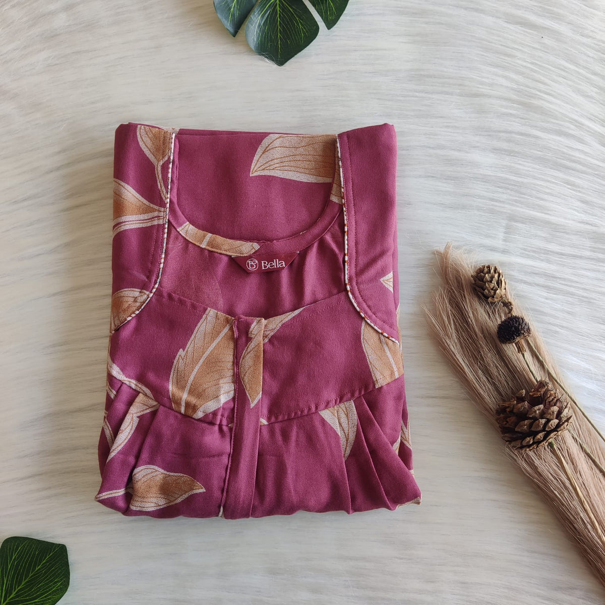 Brown Floral Printed Mauve Alfine Plus Size Pleated Zip Nighty | Chest Width 50″| Length 54″-56″