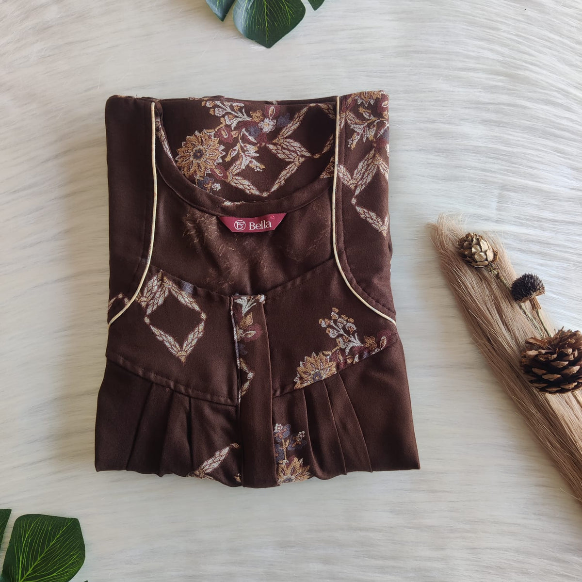 Coffee Brown Printed Alfine Plus Size Pleated Zip Nighty | Chest Width 50″| Length 54″-56″