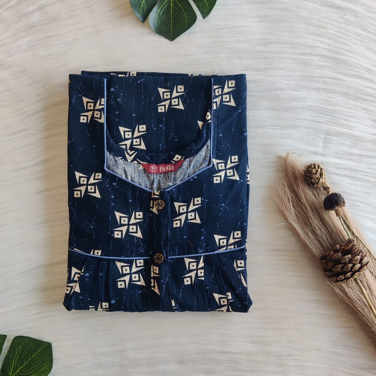 Cream Printed Navy Blue Gujari Cotton Button Zip Nighty | Free Size | Chest Width 44″| Length 55″-56″
