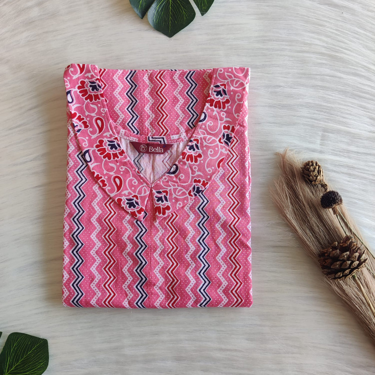 Red And Pink Zigzag Printed Premium Cotton Peter Pan Collar Nighty | Free Size | Chest Width 44″| Length 55″-56″