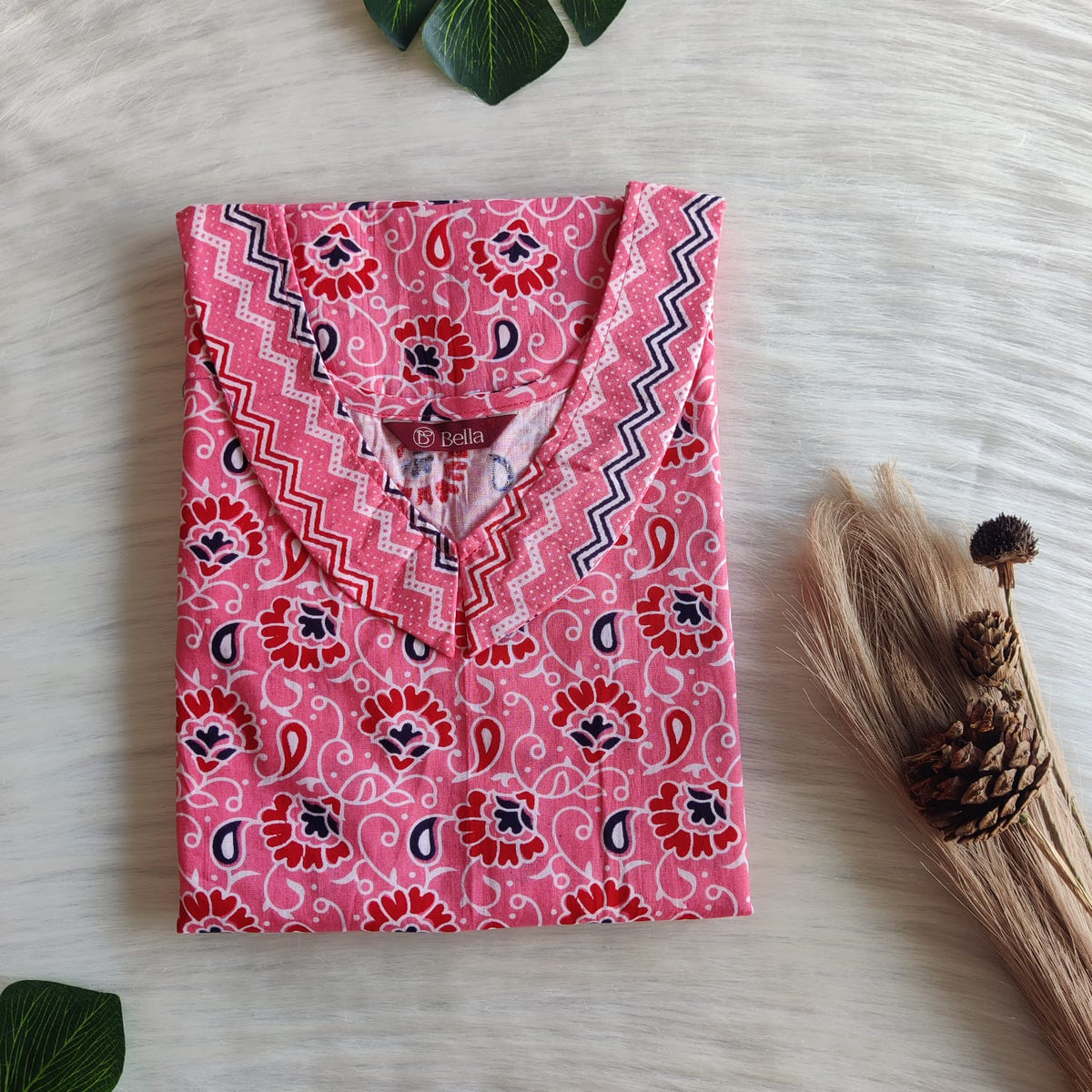Pink And Red Floral Printed Premium Cotton Peter Pan Collar Nighty | Free Size | Chest Width 44″| Length 55″-56″