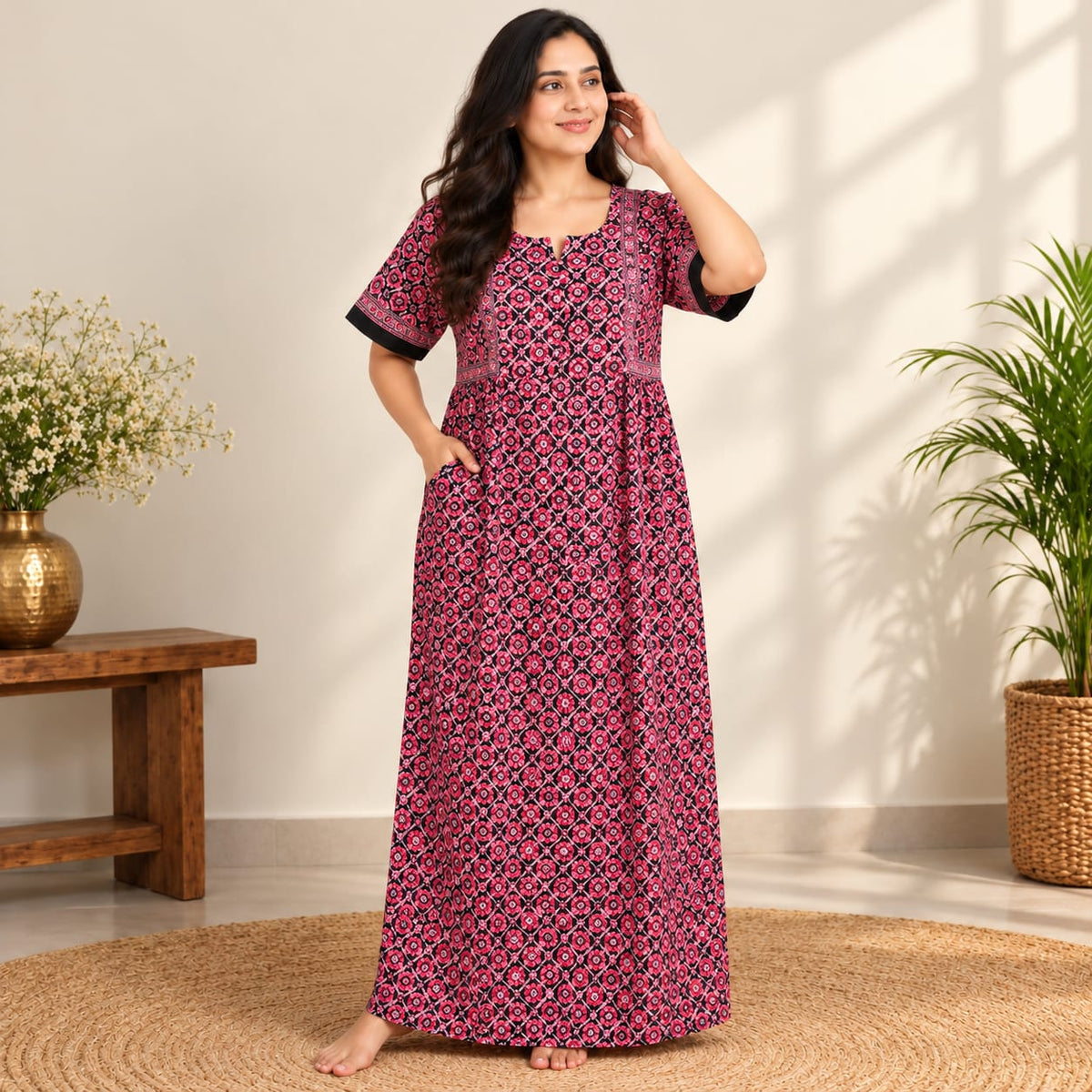 Pink Printed Black Jaipur Cotton Plus Size Feeding Pleated Nighty | Chest Width 50″| Length 56″