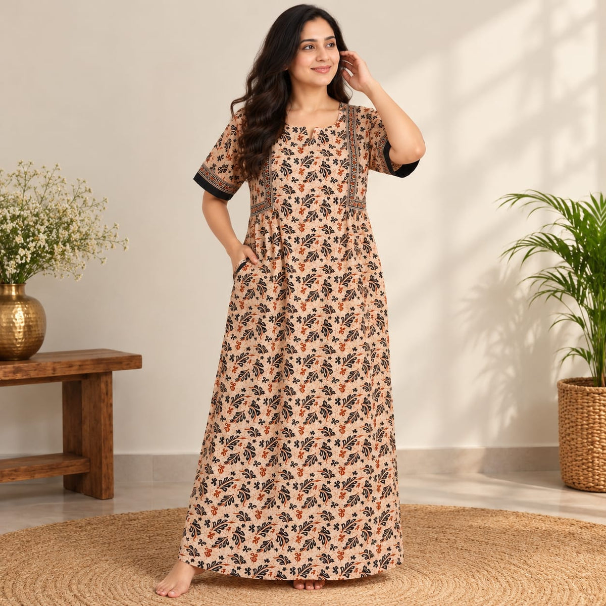 Black Floral Printed Orange Jaipur Cotton Plus Size Feeding Pleated Nighty | Chest Width 50″| Length 56″